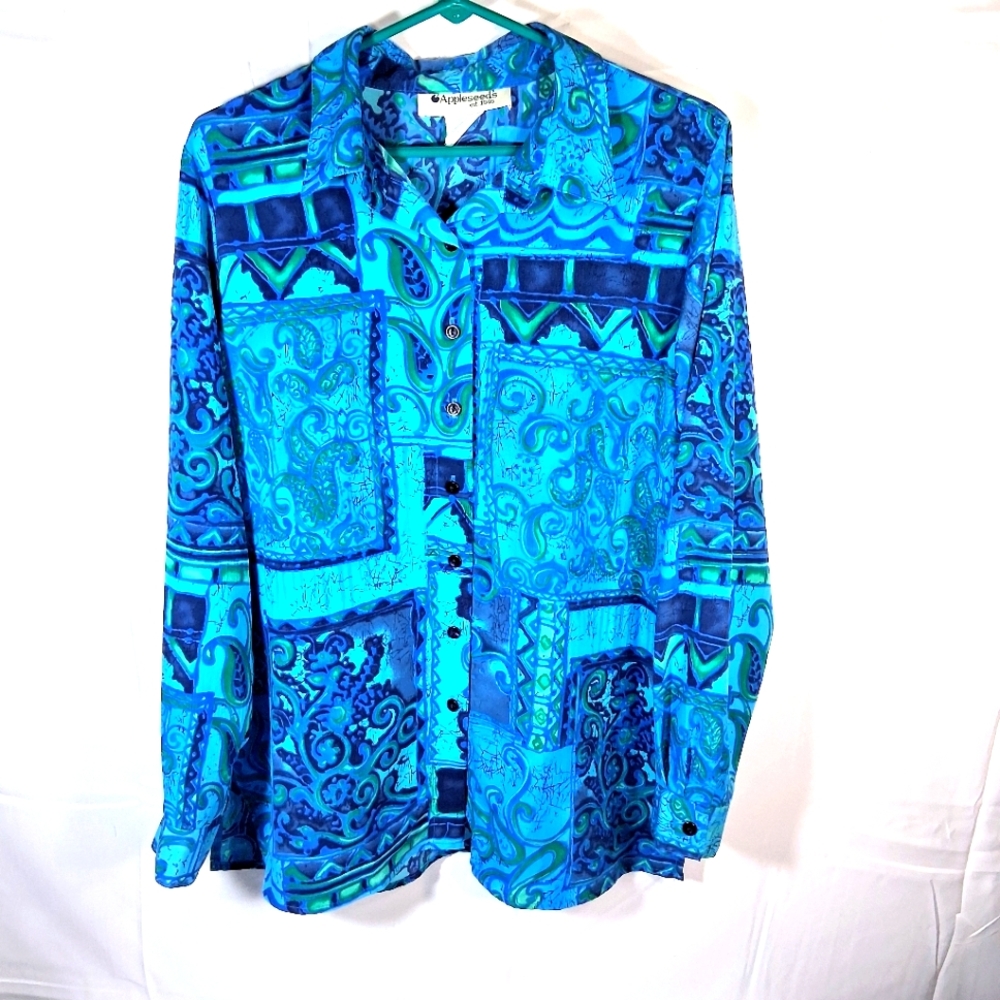 Appleseeds Women's Vintage Button Down L. Sleeve Hawaiian Crayon Pattern Shirt